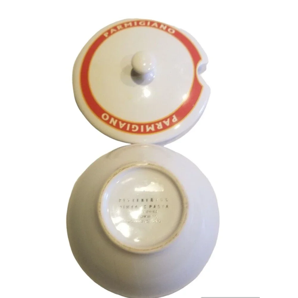 Pottery Barn Pasta Parmigiano Serving Bowl Lid & Spoon White & Red Ceramic